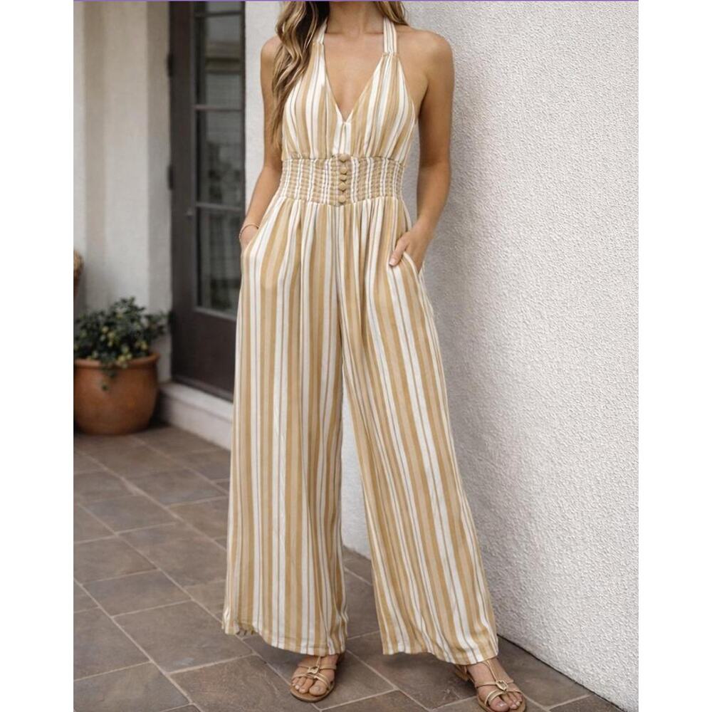 American Eagle tan and white striped halter wide leg jumpsuit